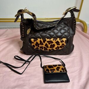 Y2K Glam Quilted Shoulder Bag & Matching Leopard Print Wallet Set